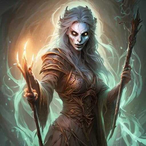 Prompt: Full body splash art of a female undead sorceress casting a spell, very long light brown hair, wearing long light-colored iridescent robe, carrying a wooden staff, D&D, fantasy, highly detailed, sharp focus, digital painting, artstation, concept art, 4k, 8k