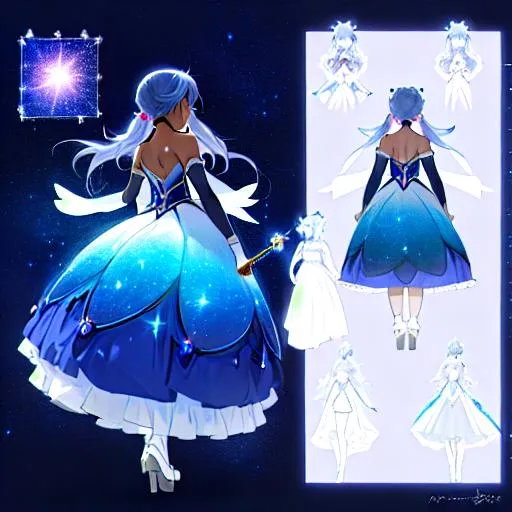 Prompt: A character sheet of an anime magical girl with  hair and dark skin, covered in stars. blue accents on outfit. holding a wand Concept Art. puffy skirt. madoka magica inspired. ballet inspired. ballgown inspired. reference sheet, different expressions,  different poses, back profile, side profile, concept sheet, beautiful face, pigtails hair