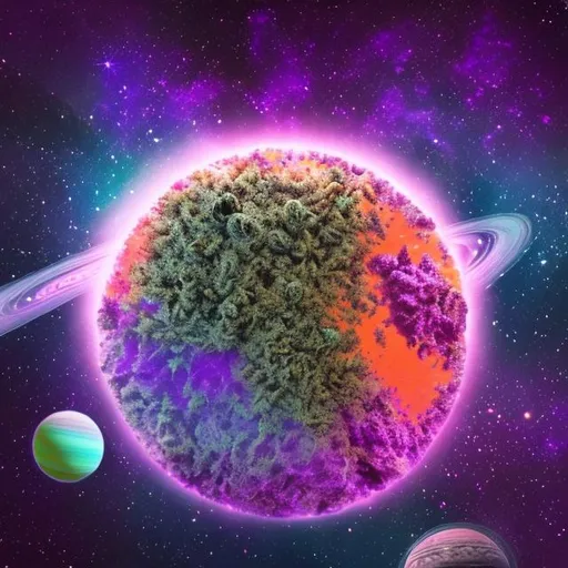Prompt: Planet in outer space made of Purple detailed Marijuana Trees with alot orange hairs and oceans