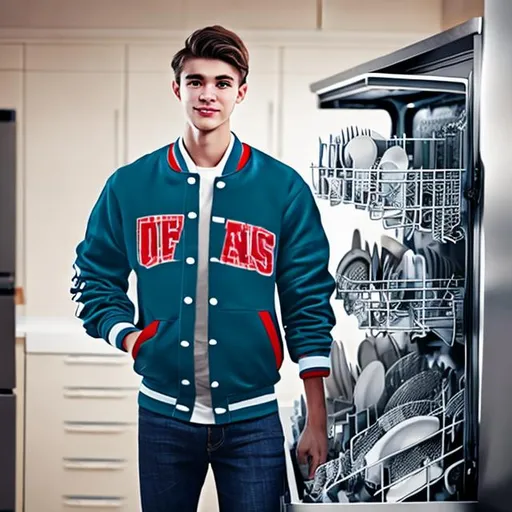 Dishwasher wearing varsity jacket OpenArt