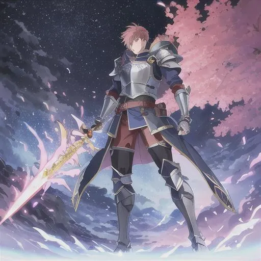 Prompt: anime opening Full-body detailed masterpiece, fantasy, high-res, quality upscaled image, perfect composition, fire emblem manly heroic lord Marth in knight armour dragon age, blue moonlight background, holding a fire red flaming greatsword