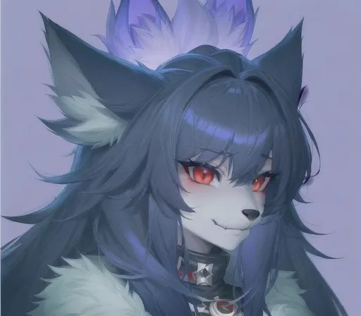 Prompt: furry wolf, [anthropomorphic art], anthro wolf, nonhuman, 1girl, e621, [blue fur], [red eyes], [blue hair], large bust, furaffinity, close-up portrait
