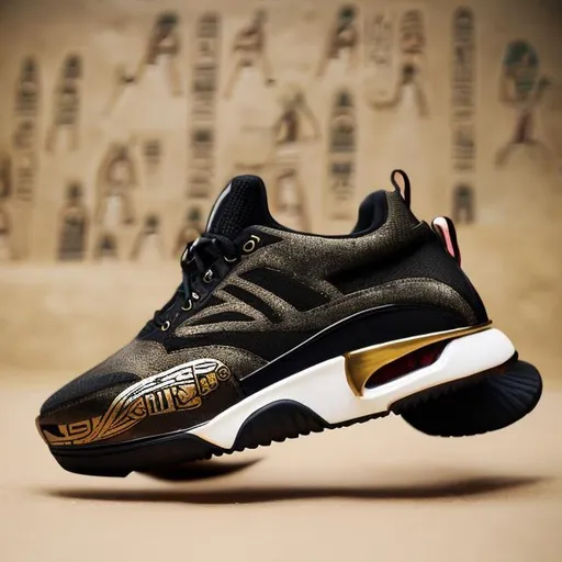 Prompt: A modern sports shoe inspired by the ancient Egyptian civilization ( old Egyptian writing on shoes)