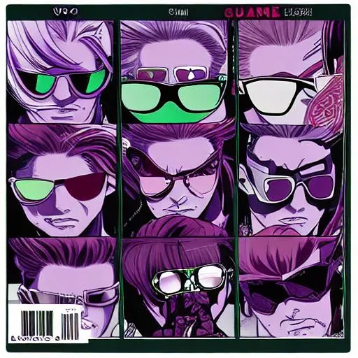 Prompt: Gucci Shades. Anime. Manga. Purple. Comic book.