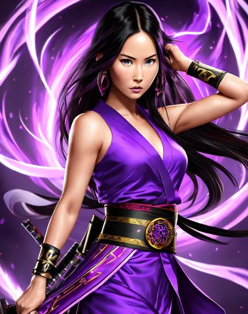 Prompt:  Masterpiece photo
(Olivia Munn, 16 years old), with (keanu reeves, male ninja in purple kimono) as a ninja, wearing purple ninja artifact gear, dramatic, cinematic lighting, caustic, tribal village background, sleeveless, black wild hair, brown eyes, ethereal, jewelry set balayage, royal vibe, highly detailed, digital painting, Trending on artstation , HD quality, tan skin, Big Eyes, artgerm, by Ilya Kuvshinov