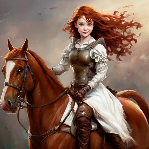 Prompt: Fantasy girl with short red hair modest dress riding a horse
painting