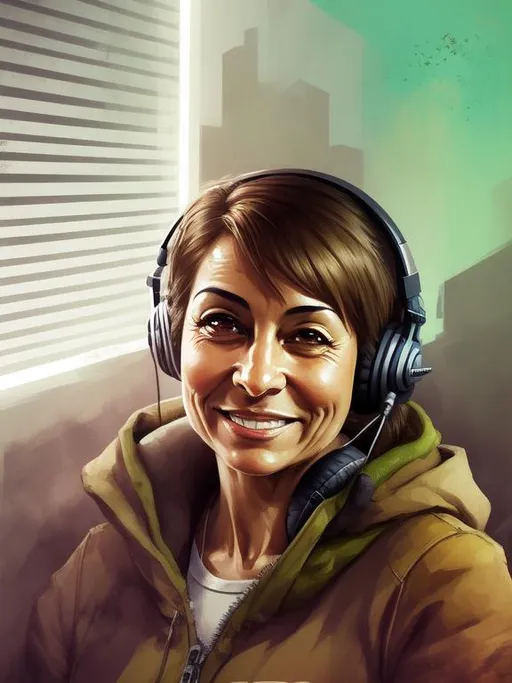 Prompt: similar to image, 47-year old female gamer with brown eyes and hair, light olive skin, hispanic, headset, elf ears, thick body, smiling slightly