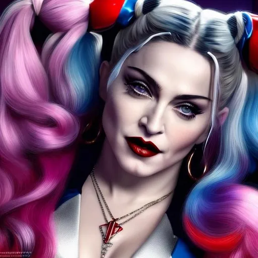 Prompt: madonna as a harley quinn high quality portrait of a hyperdetailed ((nude)), hyperdetailed pigtails, master piece, oily, hyperdetailed full body, hyperdetailed feminine attractive face and nose, complete body view, ((huge breast)) ((hyper realist nipples)) ((hyperdetailed muscle)) ((hyperdetailed eyes)), perfect body, perfect anatomy, ultra-realistic, 3d lighting, beauty, sensual feminine romance, professional, sensual feminine, perfect composition, unreal engine 8k octane, 3d, dynamic lights, cinematic scene