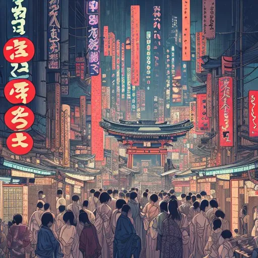 Prompt: (Hyper realistic) (realistic) A breath taking view of a Shinto shrine in the middle of cyberpunk city crowded with devotees 

