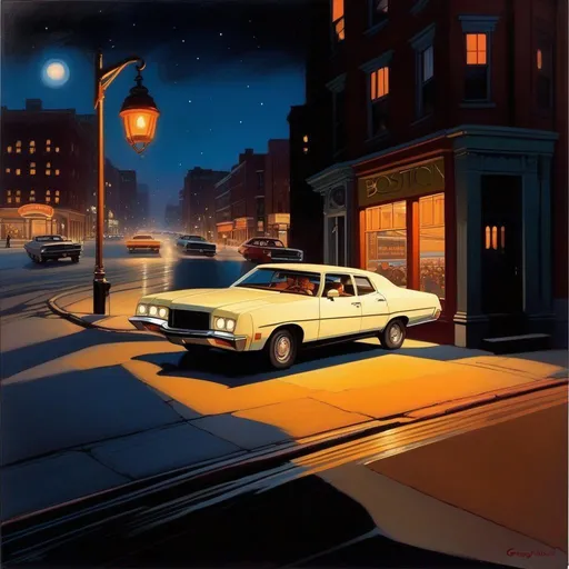 Prompt: 1970s, Boston at night, car chase, warm atmosphere, cartoony style, extremely detailed painting by Greg Rutkowski and by Henry Justice Ford and by Steve Henderson