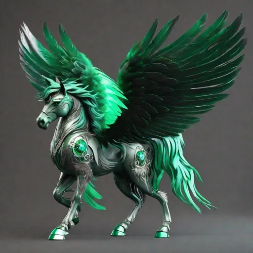 Prompt:  small twisted pegasus animatronic hybrid, with focused emerald eyes. They identify as a Male. Emerald colored feathery wings and tail. dark Green ombre mane and tail. UHD, HD, 4K, green haze, anime style