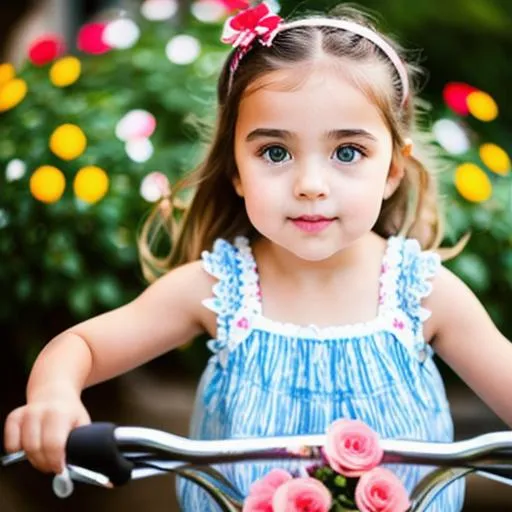 Prompt: Beautiful little girl,beautiful eyes, cute lips, beautiful nose, on bicycle,basket of flowers, volumetric lighting, highly detailed,ultra realistic, shot on nikon D850 