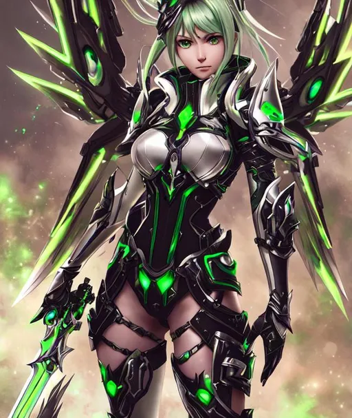 Prompt: , female, long silver and green glowing hair, wearing black gloves, green and silver scifi armor, V1 ULTRAKILL wings, Xenoblade 2 , conceptart , scifi sword