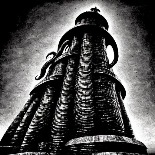 Prompt: The Lighhouse Movie, H.R. Giger, Cthulhu, Black and White, Sprinkle of Red