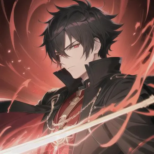 Prompt: Handsome anime man, short pitch black hair, highly detailed red glowing eyes, holding black sword emanating crimson flames, black trenchcoat with cape, dramatic background, intricately designed eyes