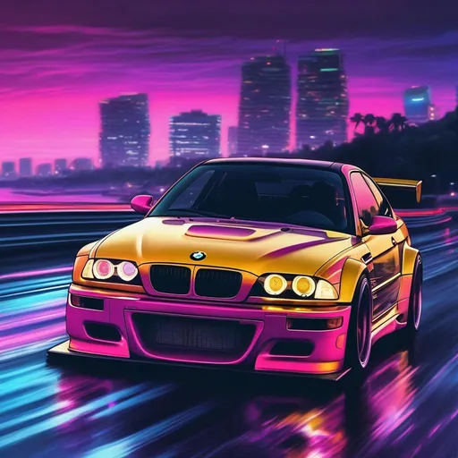 Prompt: 2001 BMW M3 E46 GTR, synthwave, aesthetic cyberpunk, miami, highway, dusk, neon lights, coastal highway, dusk, neon lights, coastal highway, sunset, drift, nurburgring, water on the road, blade runner, 8k, watercolor