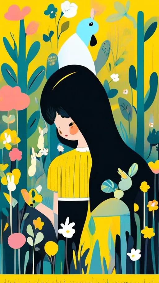 Prompt: a black hair girl, with a yellow rabbit, whimsical, thin line art, flat color illustration, high quality, in a colorful garden