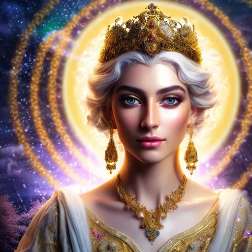 Prompt: HD 4k 3D 8k professional modeling photo hyper realistic beautiful woman ethereal greek goddess of bright intellect and sight
white hair light eyes gorgeous face pale skin gold shimmering dress jewelry and gold crown full body surrounded by magical glowing gold halo light hd landscape background religious temple and moon 