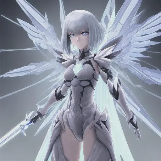 Prompt: butiful futuristic girl x ray giznt white sword armour tall wings