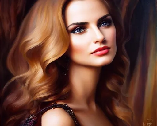 Prompt: witchcraft, face of Monica Bellucchi, ultrarealistic, flirty gaze, centerfold, magical, gorgeous, decolletage, jewelry, leather straps, fantasy environment,  portrait of head and torso,, , Vladimir Volegov, Aleksei Vinogradov, Donato Giancolla,, fantasy, hyperdetailed painting, ultra complex, head and shoulders portrait, 4k resolution concept art portrait by Clint Cearley,   unreal engine, and ilya kuvshinov, , global illumination, detailed and intricate environment, epic, portrait, beautiful grey eyes, gorgeous, hyper detailed, , female,  trending on artstation, sharp focus, symmetry, painted, intricate, volumetric lighting, beautiful, rich deep colors masterpiece, sharp focus, ultra detailed,centered, symmetry, painted, intricate, volumetric lighting, beautiful, rich deep colors masterpiece, sharp focus, ultra detailed,