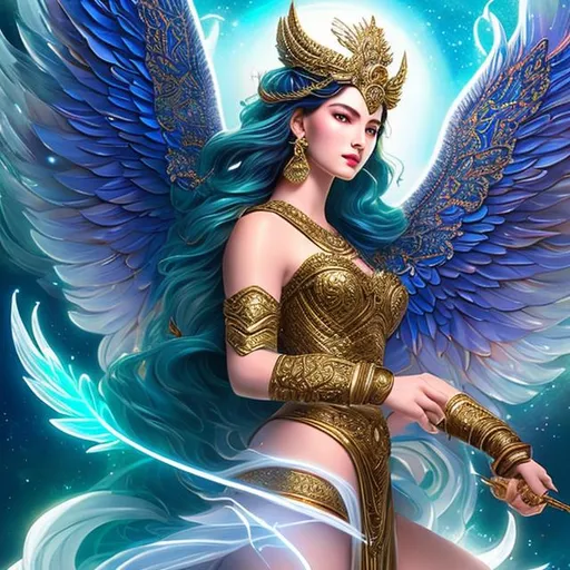 Prompt: Create a stunning illustration of a powerful goddess engaged in a fierce battle against evil. The goddess should have an ethereal presence and be adorned with intricate, mythical-inspired armor. Her wings should be majestic and expansive, radiating with divine energy. She wields a gleaming sword in one hand, showcasing her prowess in combat. In her other hand, she channels vibrant and intricate magical energies, ready to unleash them upon her adversaries. Surround her with an aura of mysticism, using celestial motifs and subtle hints of ancient symbols. Make sure to capture the intensity of the battle and the goddess's determination as she fights to protect the world from darkness and bring forth hope and light.