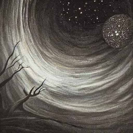 Prompt: Behold the canvas of the night, where darkness reigns supreme and stars pierce through the void. A masterpiece of contrasts, this painting blends the ethereal glow of the celestial bodies with the enigmatic shadows of the nocturnal world. The strokes of the brush convey a sense of mystery and depth, drawing the viewer into the unknown depths of the night. This is not a mere painting, but an ode to the edginess of the night, where the familiar becomes strange and the ordinary transforms into the extraordinary