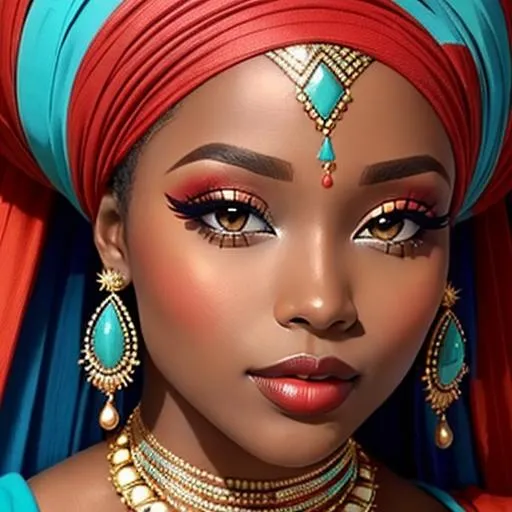 Prompt: Beautiful african woman, beautiful makeup, turquoise and red color scheme, closeup

