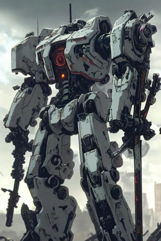Prompt: A white mecha with complex design with a sword on the left arm and a rifle on the right with a ruined city as background 
