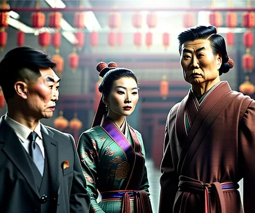 Prompt: A captivating image emerges - An Asian Man and Woman are donning a unique fusion of Eastern and Western attire. Their wearing a long necktie adds a touch of formality, while their overcoat robes makes their outfits look similar to business suits. They radiate strength, resembling terra cotta warriors in neckties. The scene is set amidst the backdrop of a warehouse and/or hangar, evoking a realistic and picturesque landscape. The photograph captures the essence of this intriguing blend, inviting viewers to delve deeper into the fusion of cultures.