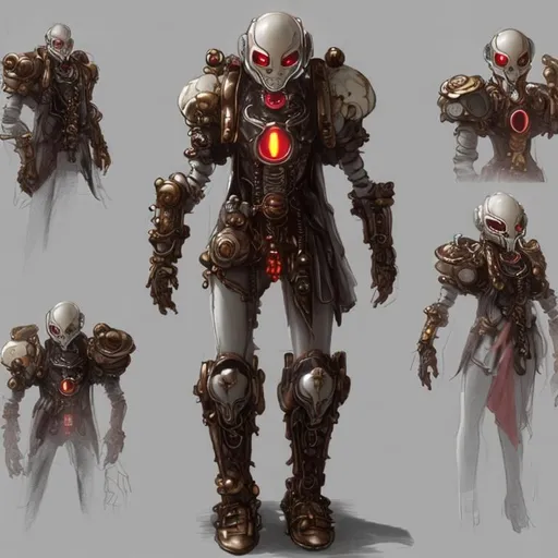 Prompt: concept sketch of a friendly looking  white porcelain and bronze steampunk automaton with a red glowing core in their chest
