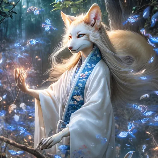 Prompt: Beautiful kitsune with vivid blue eyes that glow, long flowing white hair, decadent silk kimono in a field surrounded by fireflies Hyperrealistic uhd