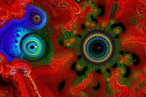 Prompt: fractals composed of html code red and yellow and blue eyeballs,jellyfish