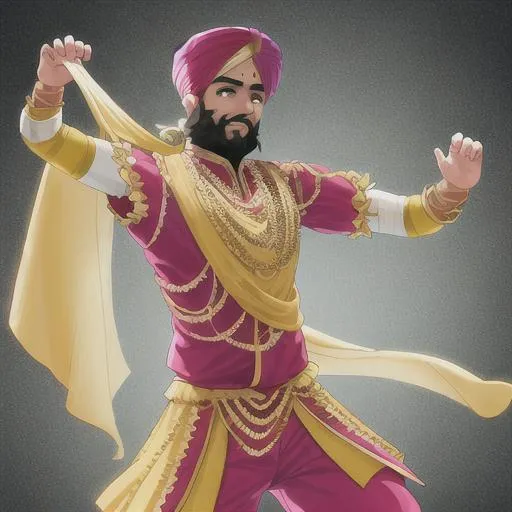 Prompt: Male bearded Bhangra dancer, anime, hyperrealism, traditional Bhangra attire