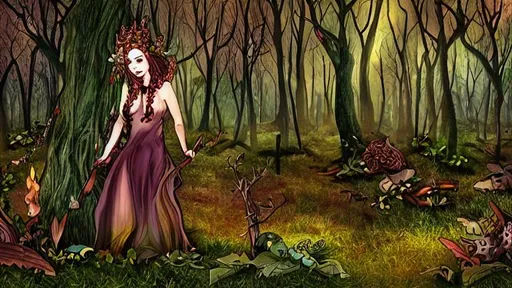 Prompt: illustrated fantasy forest background with pagan witch