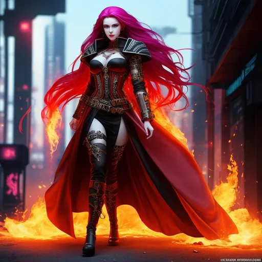 Prompt: ((fire witch)), cyberpunk, fantasy, elaborate outfit, long hair, pale skin, large chest, grin, symmetrically colored hair, ((full body)) {{good looking}} {{cute}} {{good body}} {{tight}}, {{shadows}},