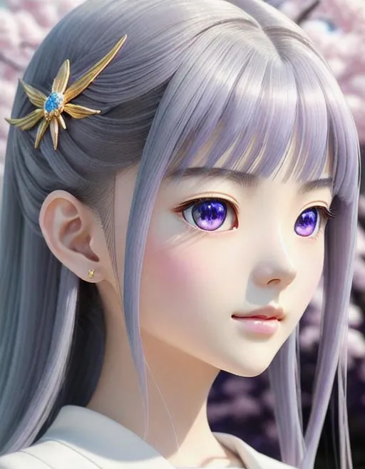 Prompt: 64K UHD HDR Ultra-Realistic Ultra-Detailed Oil Painting of Tomoyo Daidouji. Elegance in Every Brushstroke. Porcelain-White Skin. Wavy Grayish-Violet Hair. Piercing Purple Eyes. Graceful Seasonal Outfits. Serene and Magical. Soft Sunlight Casting a Glow. Octane Render. Eye-Candy. Symbol of Elegance and Wisdom.