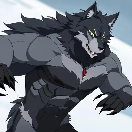Prompt: A werewolf in a beast form slashed at the air, leaving behind a mark in the air. His fur is as dark as night, and he is muscular but slim. His body is that of a wolf mixed with a human, but he is still learning more towards the human side. He has green eyes with a vertical slit for his pupil, and his claws are as white as ivy. His entire body is covered in fur. He looks like a 1990 werewolf. He is in the middle of battle.