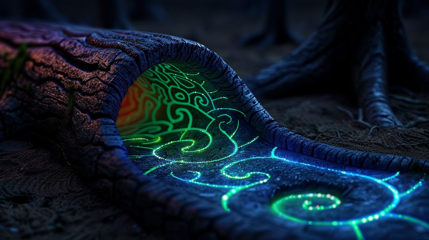Prompt: Depict a scene that portrays the concept of being lost in my inner sanctuary, illustrated in the style of 3D chalk art with vibrant colors on a black background. The artwork should emphasize an extreme depth of field to enhance the feeling of immersion and introspection.