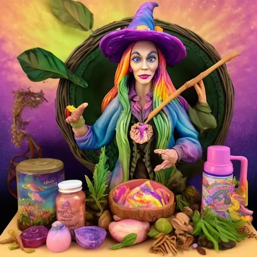 Prompt: Herbalist witch diorama in the style of Lisa frank 