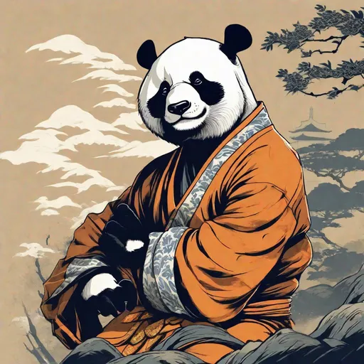 Prompt: in the style of Ukiyo-e, portrait a panda bear as shaolin monk, kung fu,