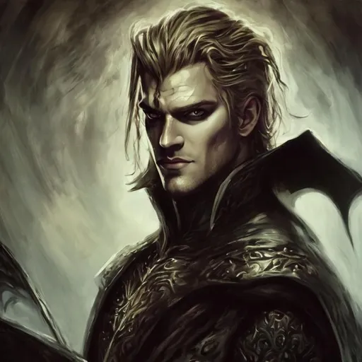 Prompt: handsome villain king, long blond hair, dark eyes, smirking, epic painting