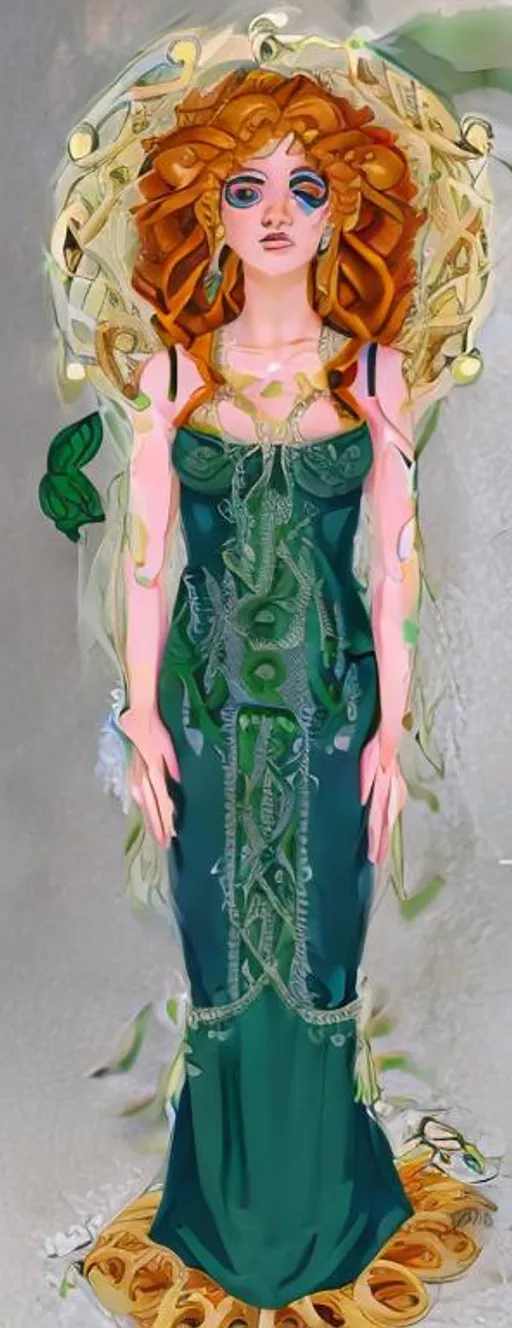 Prompt: Celtic Goddess of Vernal Equinox. Leaf Green Enchantress. Crowd Control.  Pasta Emotional.