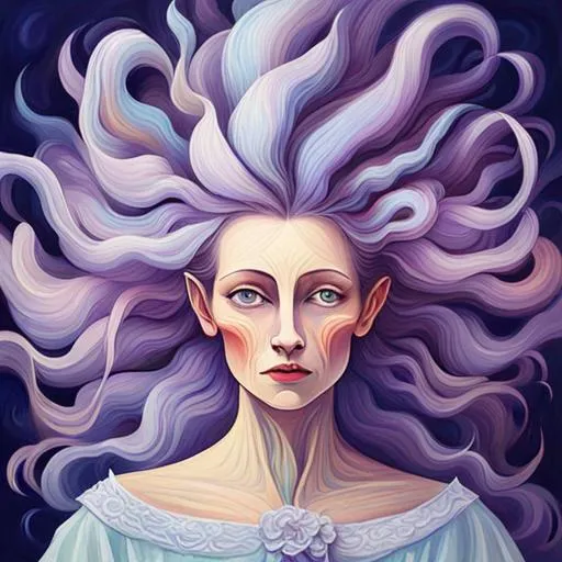 Prompt:   beautiful mature woman 50s with hair made of  floating ribbons and  smoke, beautiful sky background, colorful and vibrant, mystical  colors, contemporary impressionism,  iridescent painting, 3/4 perspective view, brian froud, cute face, low angle, sweeping circling composition, large beautiful crystal eyes, big irises