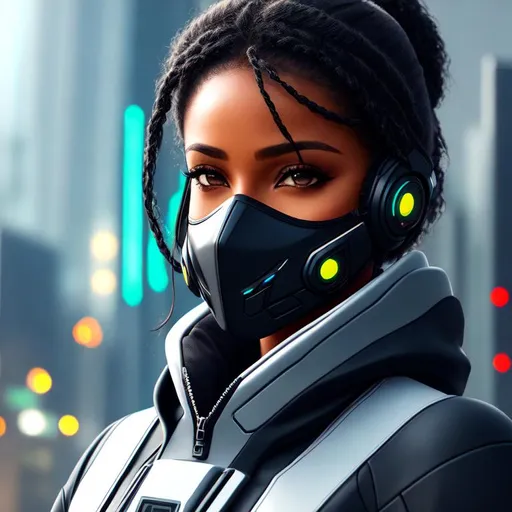 Prompt: Dark-skinned cyberpunk woman in techwear clothes, wearing a futuristic facemask