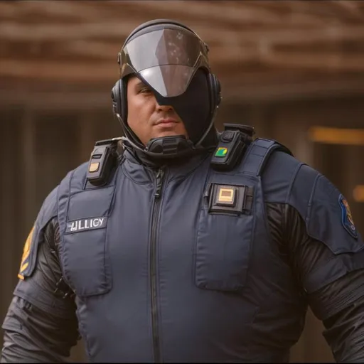 Prompt: Ultra realistic, human bigg police man, Symetric face, full human