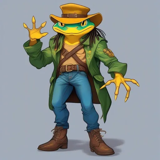 Prompt: Predator, yellow frog-like skin, green eyes, a teal witch hat, blue jeans with a belt and brown boots, masterpiece, best quality, in cartoon style