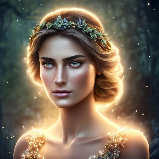 Prompt: HD 4k 3D 8k professional modeling photo hyper realistic beautiful young slender woman ethereal greek goddess of justice
dirty blonde hair brown eyes gorgeous face brown skin shimmering dress jewelry laurel wreath headpiece  full body surrounded by magical glowing light hd landscape background enchanting sky and heavens scales of justice