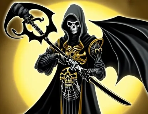 Prompt: Black and gold grim reaper holding a gun in one hand and a scythe in the other hand