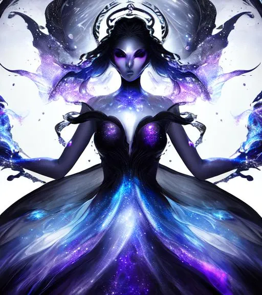 Prompt: splash art of a {shadow goddess}, wearing {galaxy} {dress}, hyperrealistic, perfect composition, super detailed, sharp focus HDR, UDR, 64k