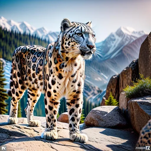 Prompt: Create a dazzling image of a Kashmiri Snow Leopard in Unreal Engine 5, HDR Octane 3D, Ultra HD 1024K, CryEngine, fit in frame, centered, highest quality of details, digital art masterpiece, perfect composition, clarity, harmony, hierarchy, proportions, order, anatomically correct {body, head, face, ears and limbs}, highly detailed facial features {muzzle, chin, jaws, dentition}, highly detailed symmetric eyes {iris, eyeball, pupil, lens and cornea}, intricately detailed background of beautiful Himalaya Mountains and dazzling Dal Lake of Sri Nagar.